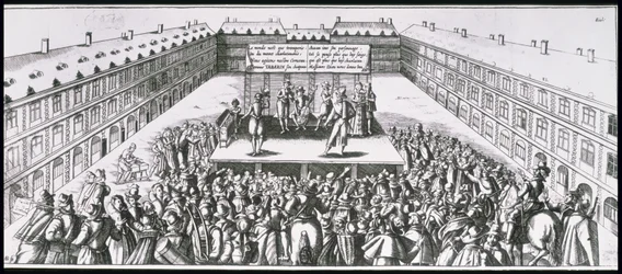 Freilufttheateraufführung mit Antoine Firard (1584-1633), bekannt als Tabarin, auf der Bühne